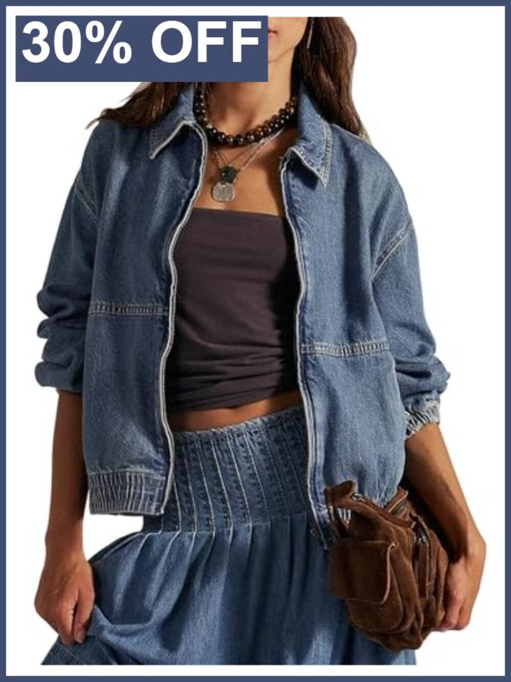 Womens 100% Cotton Zip Up Denim Bomber Jacket Long Sleeve